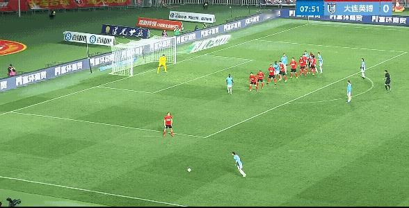 大连英博这个定位球没进太可惜了，先是球员头球击中立柱，但是关键是补射这个球员脚法