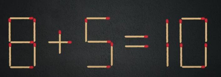 趣味数学挑战来啦！图中用火柴拼成的算式“8 + 5 = 10”不成立。现在请你只
