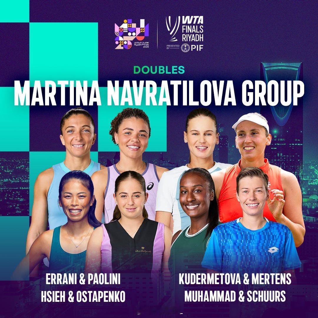 利雅德年终总决赛双打分组👇纳芙拉蒂洛娃组：[1]埃拉尼/鲍里妮[4]库德梅托娃