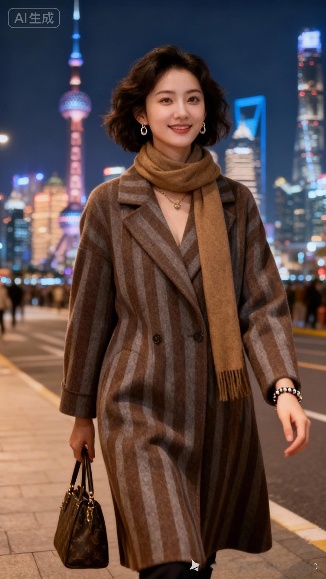 都市夜色中的时尚穿搭，条纹大衣与暖色围巾的完美搭配