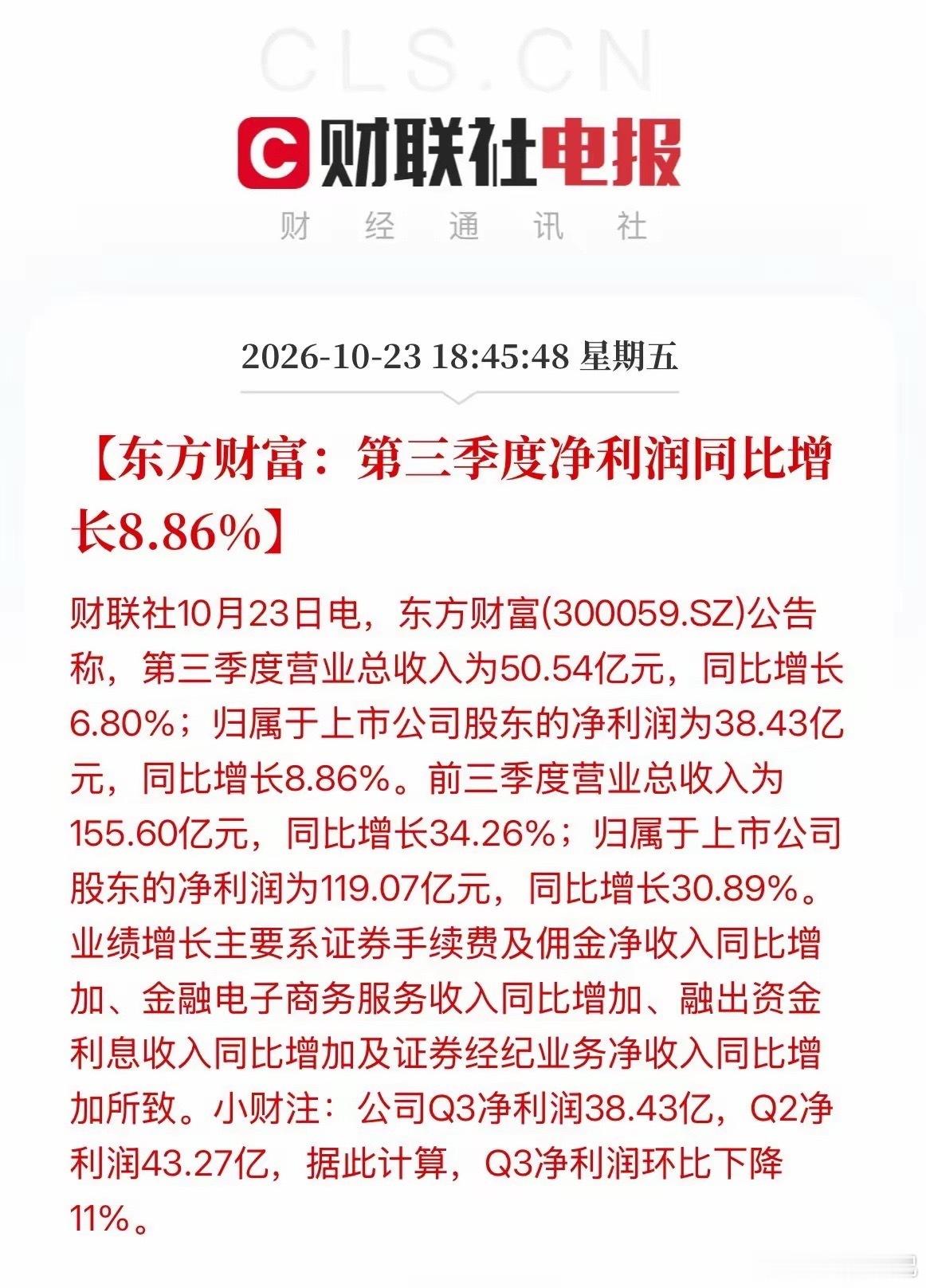 东方财富第三季度利润下降11%，大A连续下跌，券商利润都搞下滑了，二季度东财还赚