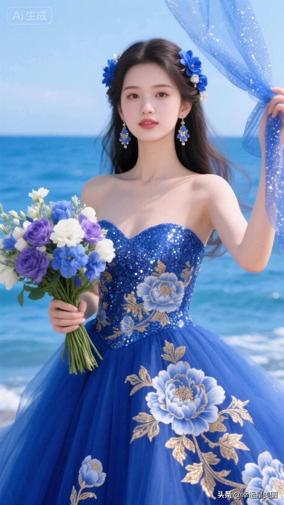 梦幻蓝裙海边照，花海与浪涛相映成趣