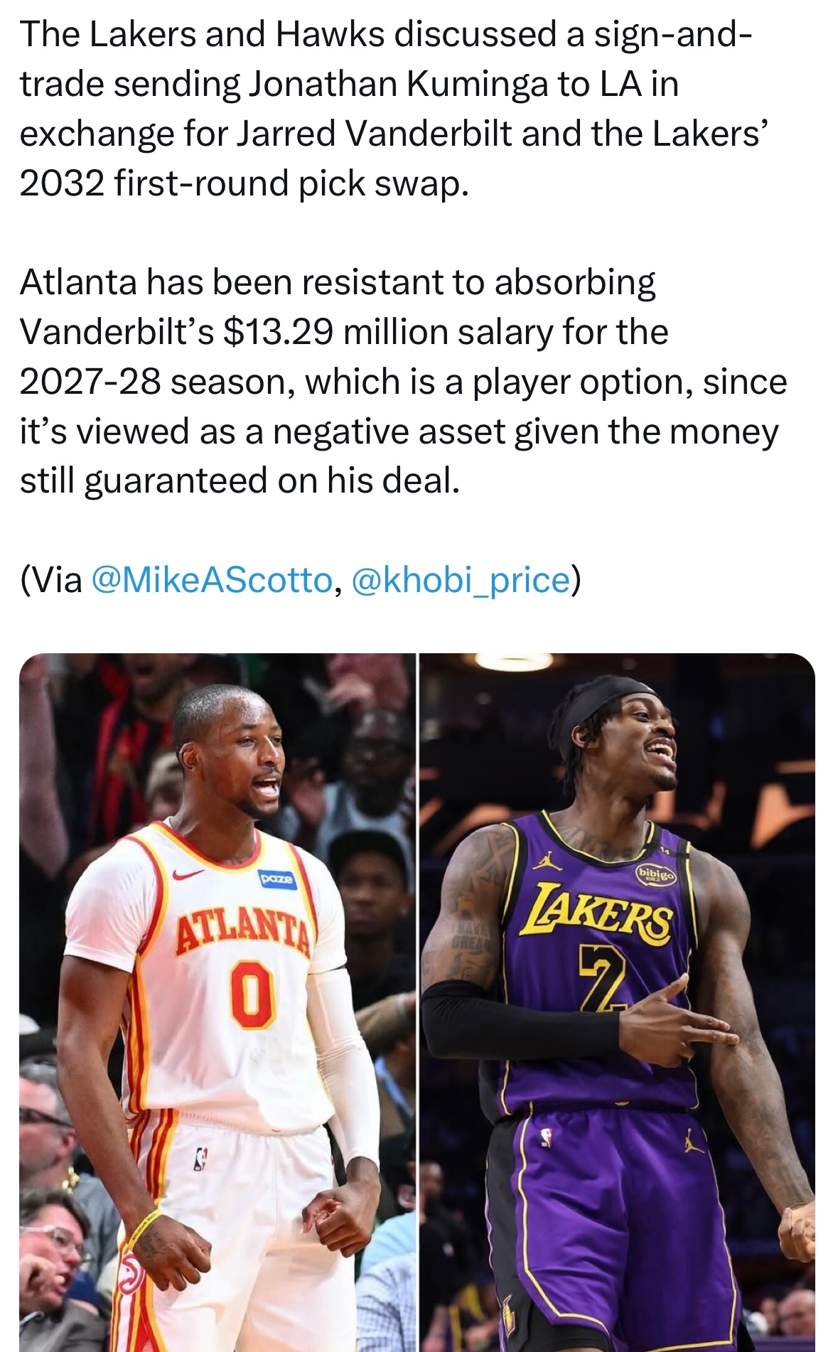 Scotto：湖人与老鹰商讨过一笔先签后换交易：将库明加送至湖人，湖人则送出范德