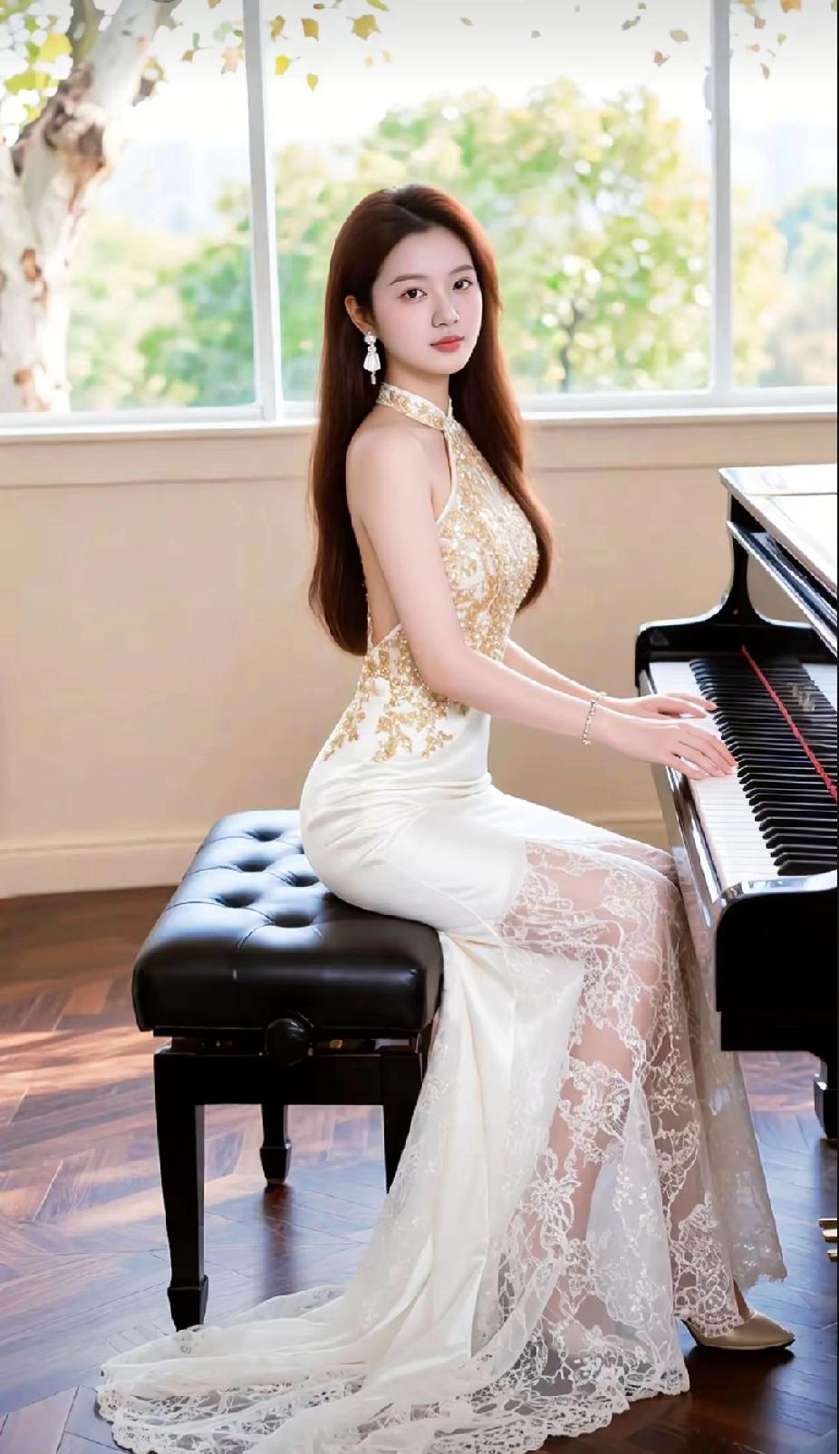 优雅钢琴少女，金色礼服与黑白琴键的完美结合，静谧时光中的动人旋律。女生穿搭如何又