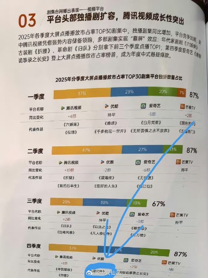 2025年分季大屏点播播放市占率TOP30剧集平台独播数量占比报告中龚俊《暗河传