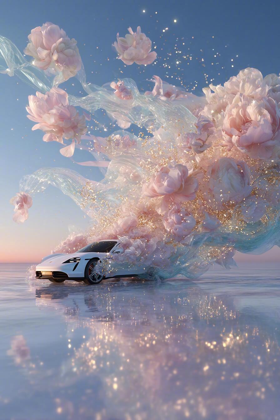 这一路，步步生花：顶级电车的梦幻广告美学海报侧重展现汽车的流畅线条与澎湃动力。白