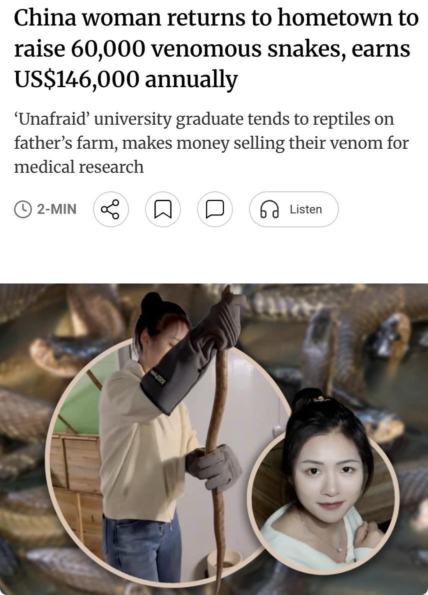 外媒：中国年轻女子回乡养蛇，年赚14.7万美元

中国一名1995年出生的广西桂