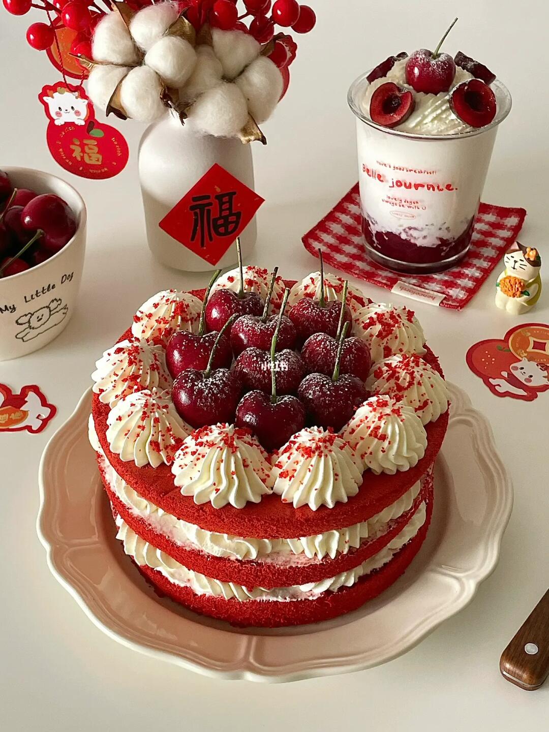 新年甜品🧨红丝绒车厘子蛋糕🍒福气加满🧧