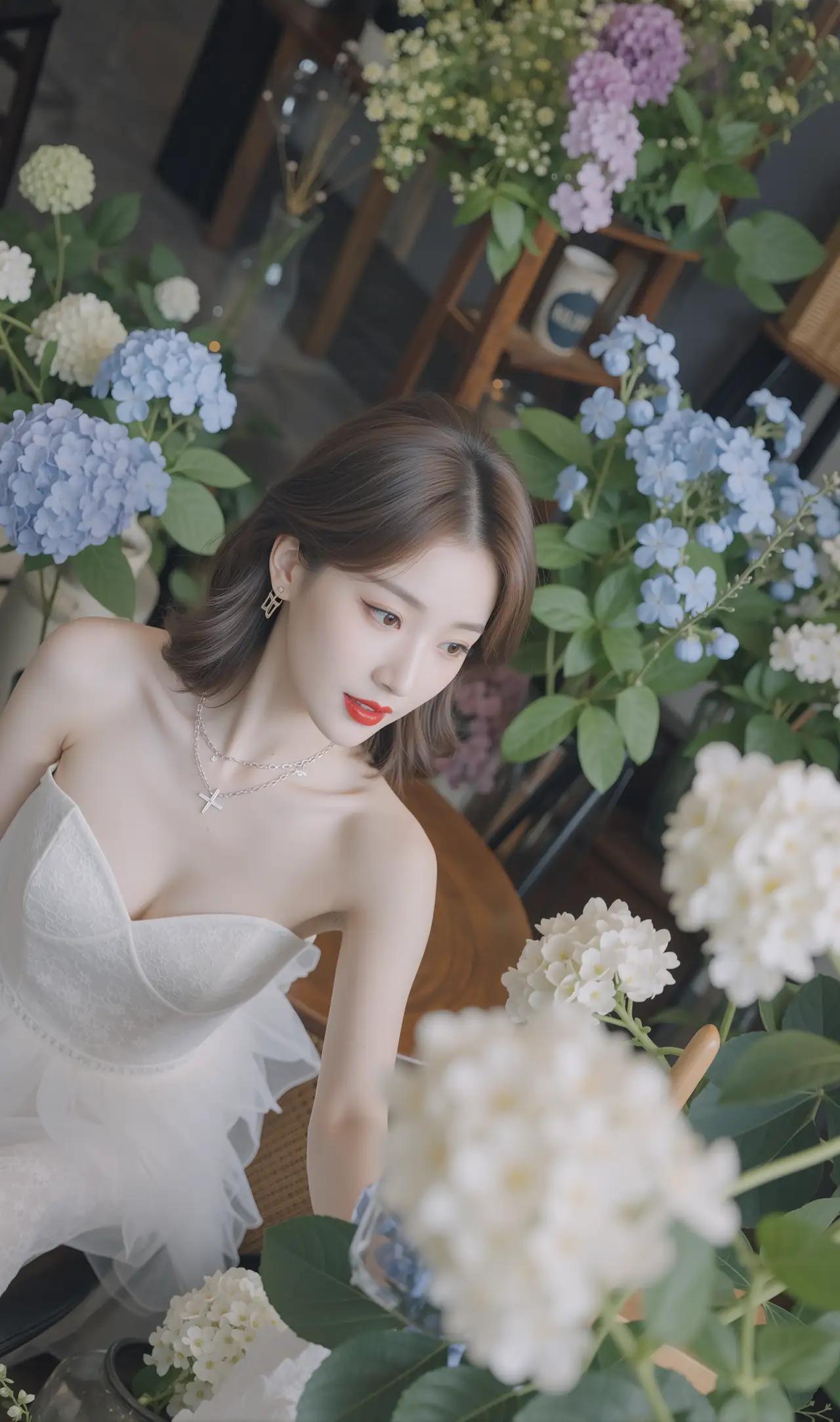 指尖轻托下颌的瞬间，银戒在指间流转出细碎星芒，与锁骨处垂落的项链共同勾勒出精致的