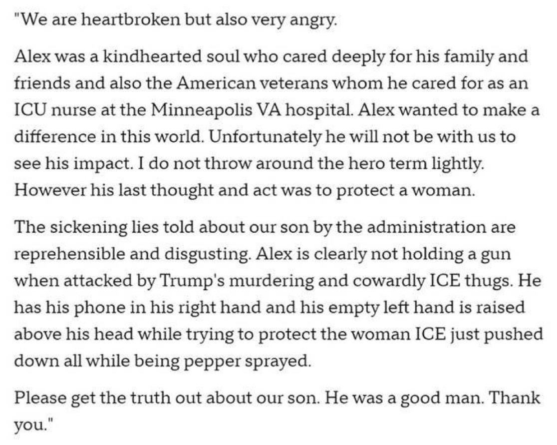 明尼阿波利斯枪击案中遇难的37岁男子亚历克斯·杰弗里·普雷蒂的家人发表声明：
“