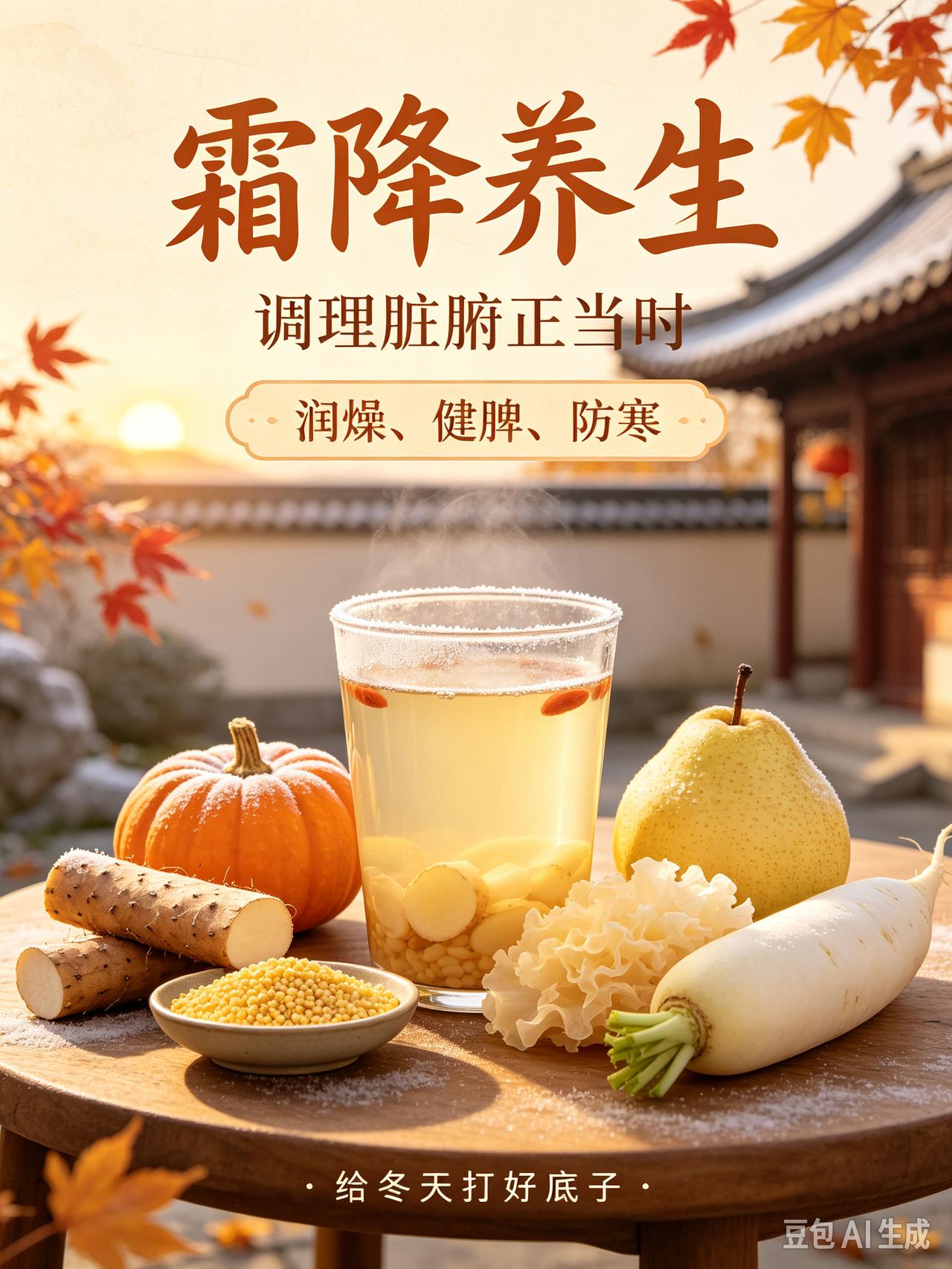 霜降养生：调理脏腑正当时
 
霜降是秋天最后一个节气，气温快速往下掉，昼夜温差拉