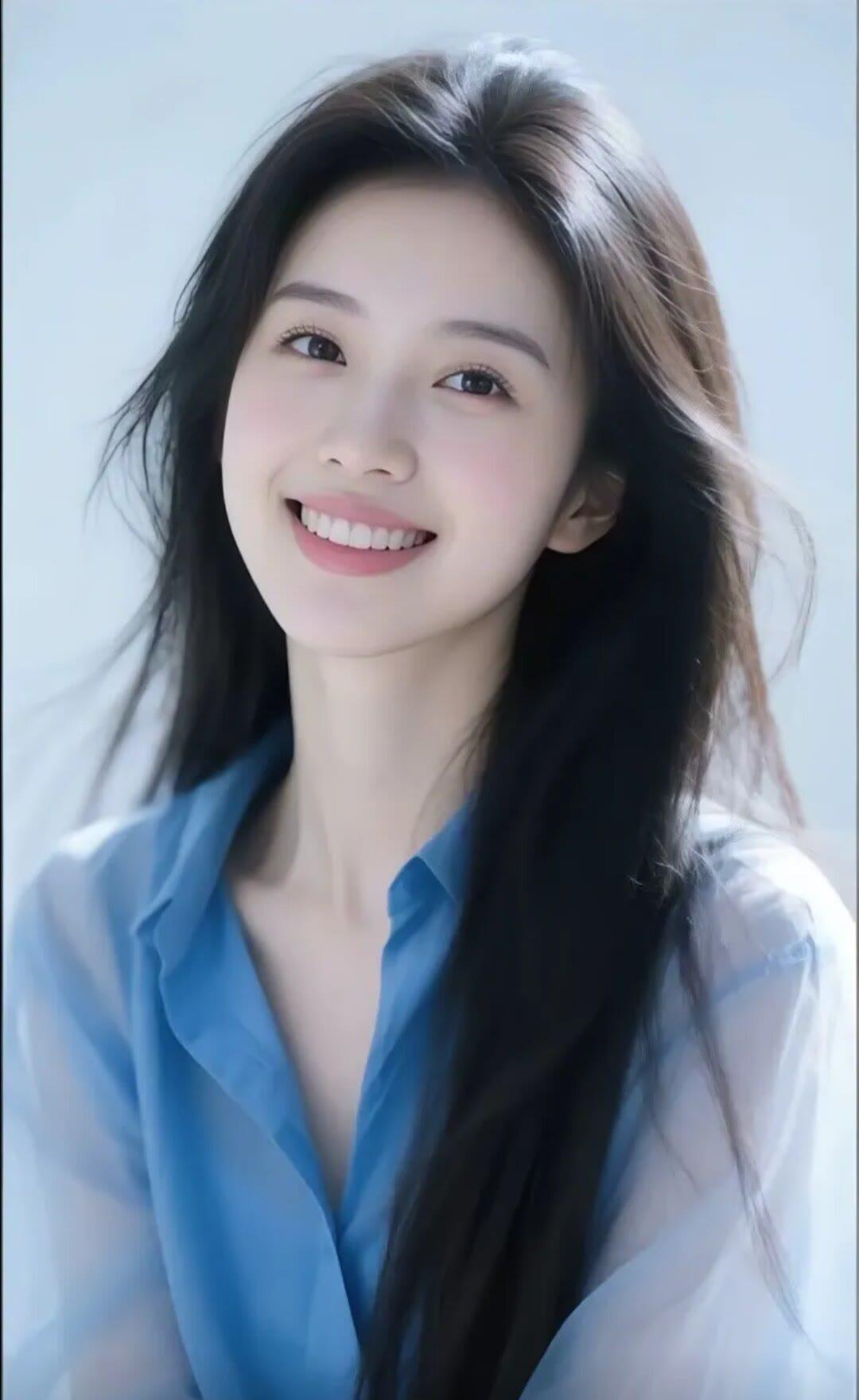 温柔微笑，蓝衣飘逸，自然之美