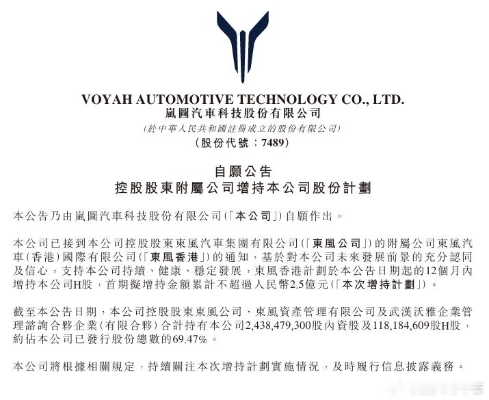 汽车 【岚图汽车：控股股东附属公司计划增持公司H股，首期拟增持不超2.5亿元】4