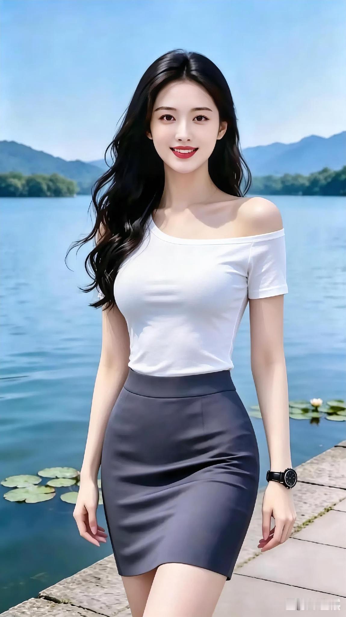 美女在湖边散步，举止间流露出一种高雅清新的气质，仿佛是山间清泉流淌，清新脱俗，让