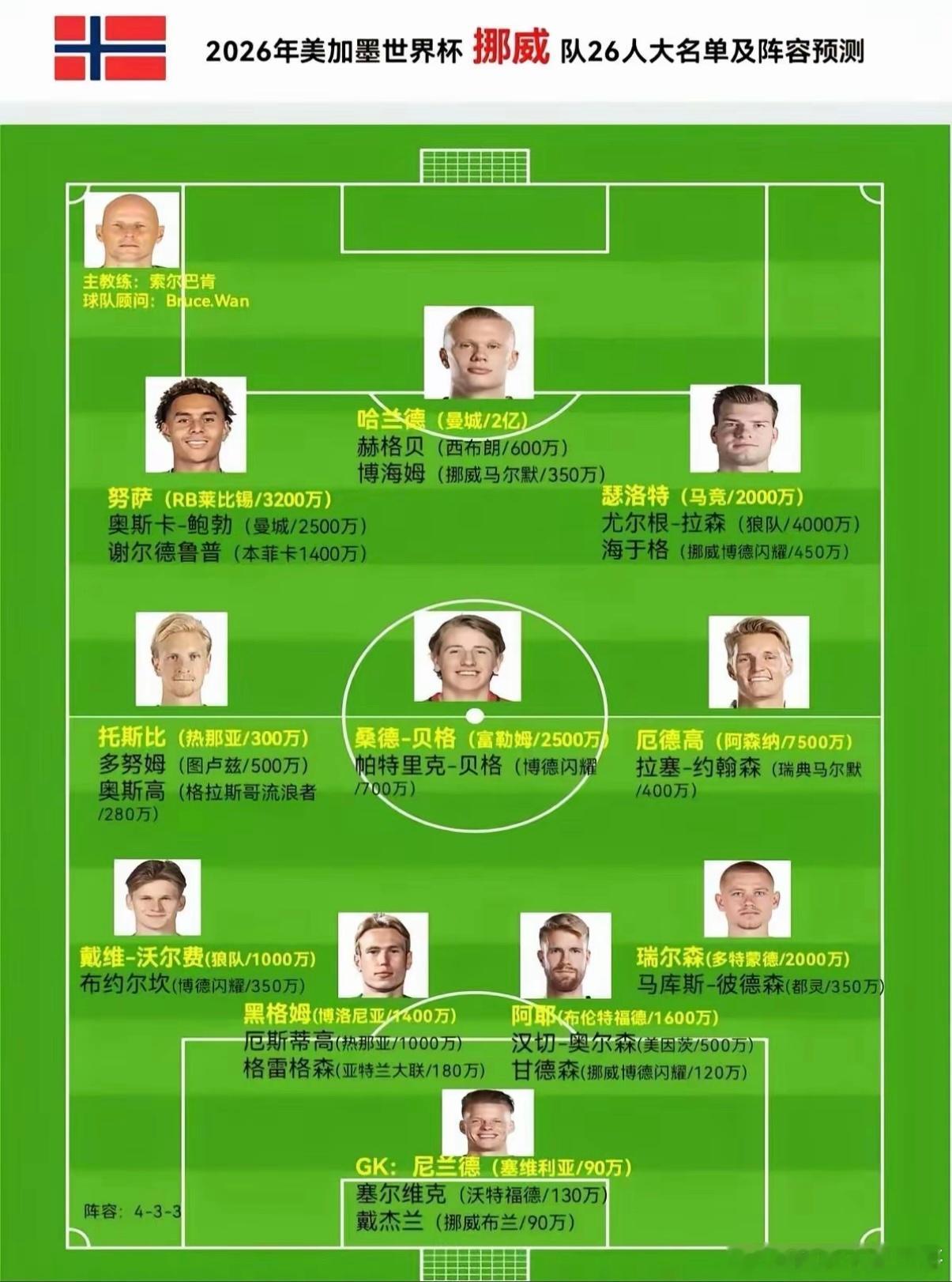 挪威美加墨世界杯26人大名单，曼城前锋哈兰德、阿森纳中场厄德高领衔。挪威26人世