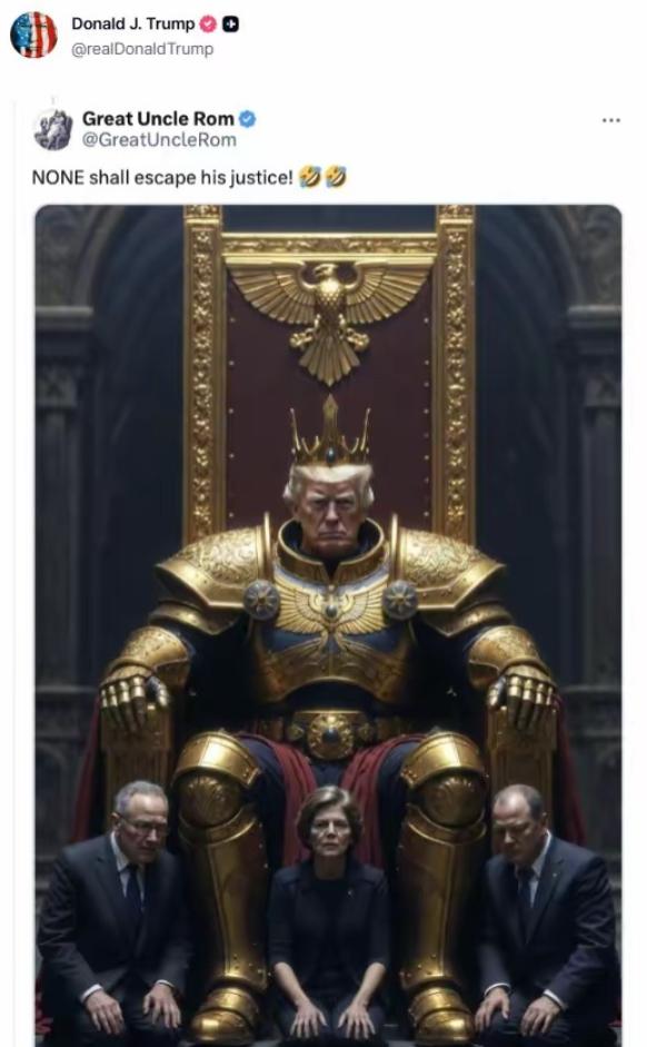 特朗普又发梗图了！这一次，他身着黄金盔甲，端坐在黄金王座上，有三个人跪在他的脚下