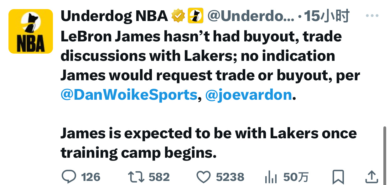 根据美记DanWoikeSports和joevardon ：勒布朗詹姆斯尚未与湖
