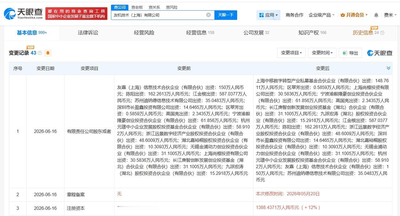 中国移动旗下基金等入股友机技术
天眼查App显示，近日，友机技术（上海）有限公司