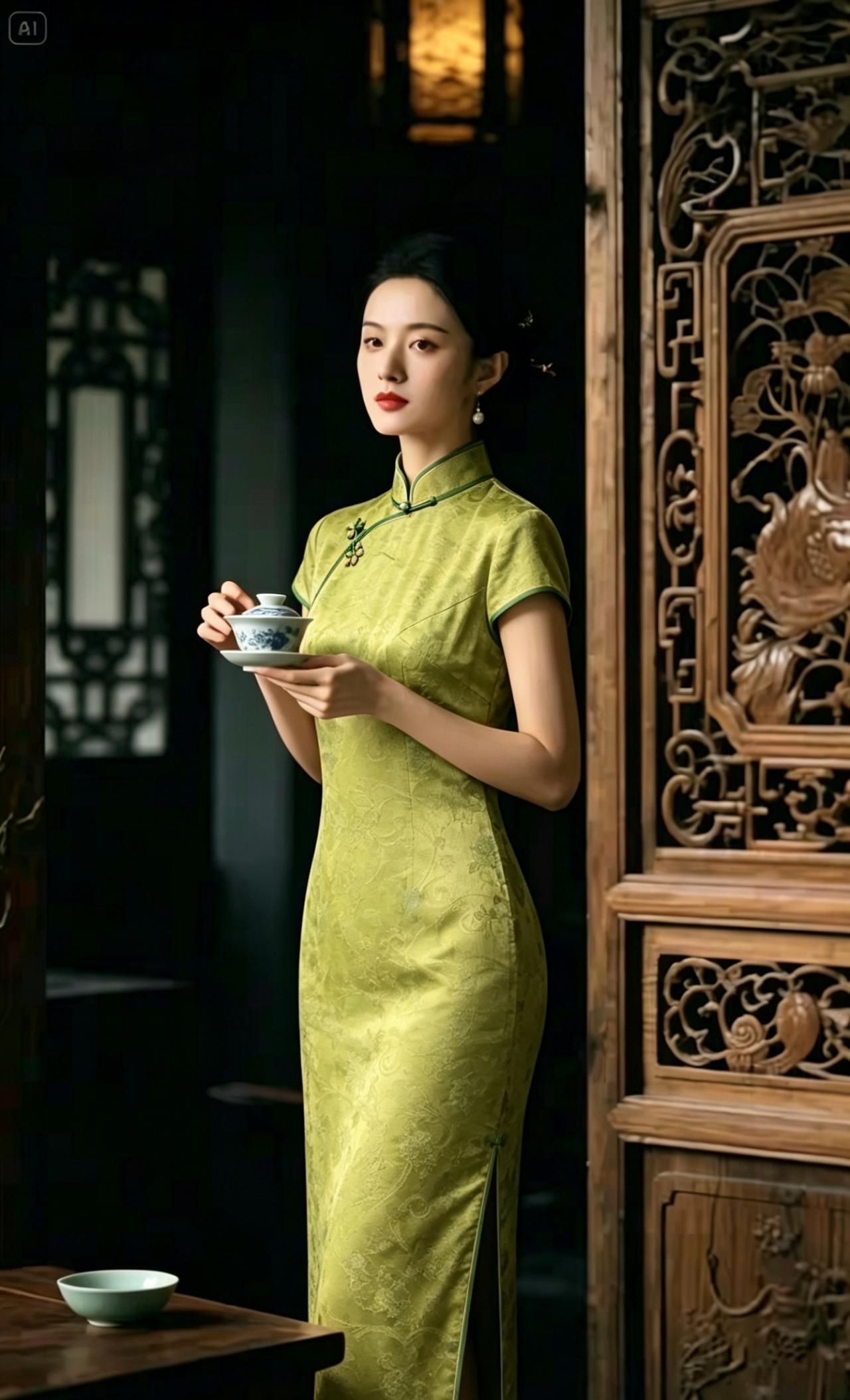 一个美女在喝茶，穿旗袍真好看。
