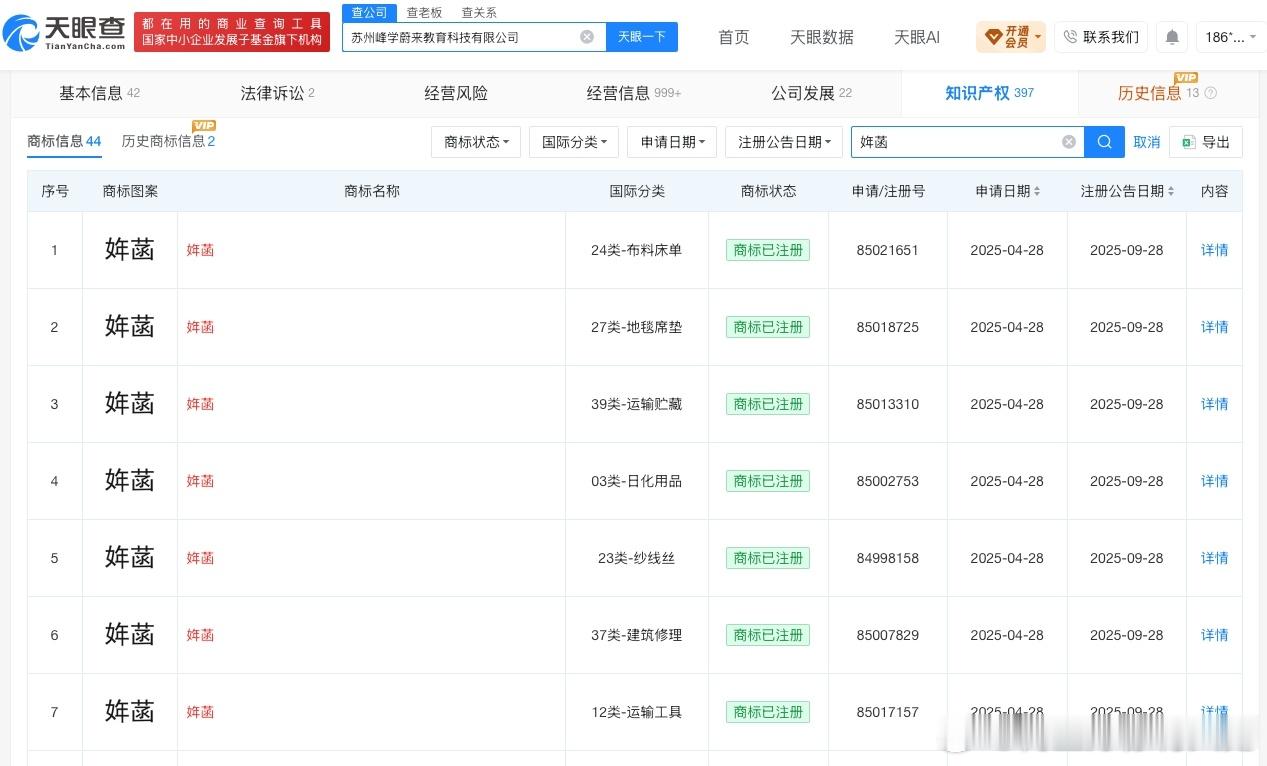 张雪峰公司已把姩菡注册成商标从知识产权角度来说，这是标准的防御性商标布局。全品类