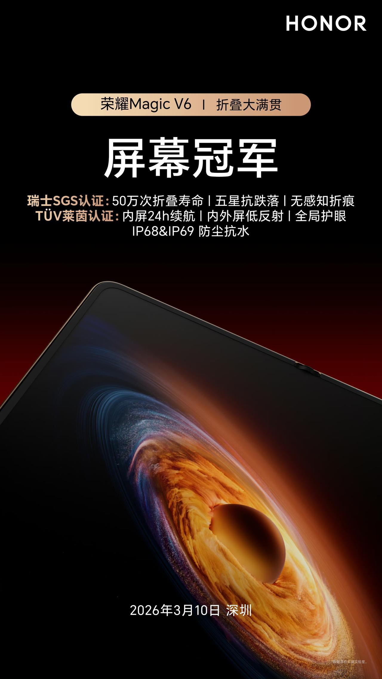 荣耀Magic V6这块屏幕还是挺强的啊，通过了无感知折痕、五星抗跌落、50万次