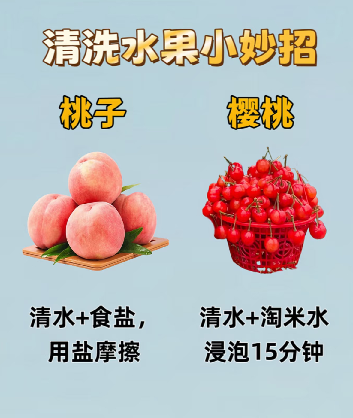 这些清洗水果的小妙招，你知道嘛？桃子：清水+食盐，用盐摩擦樱桃：清水+淘米水浸泡