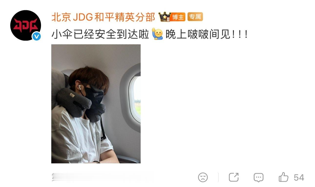 小伞已安全抵达目的地。战队确认其行程完毕，将于今晚开启直播。随行照片显示其于机舱
