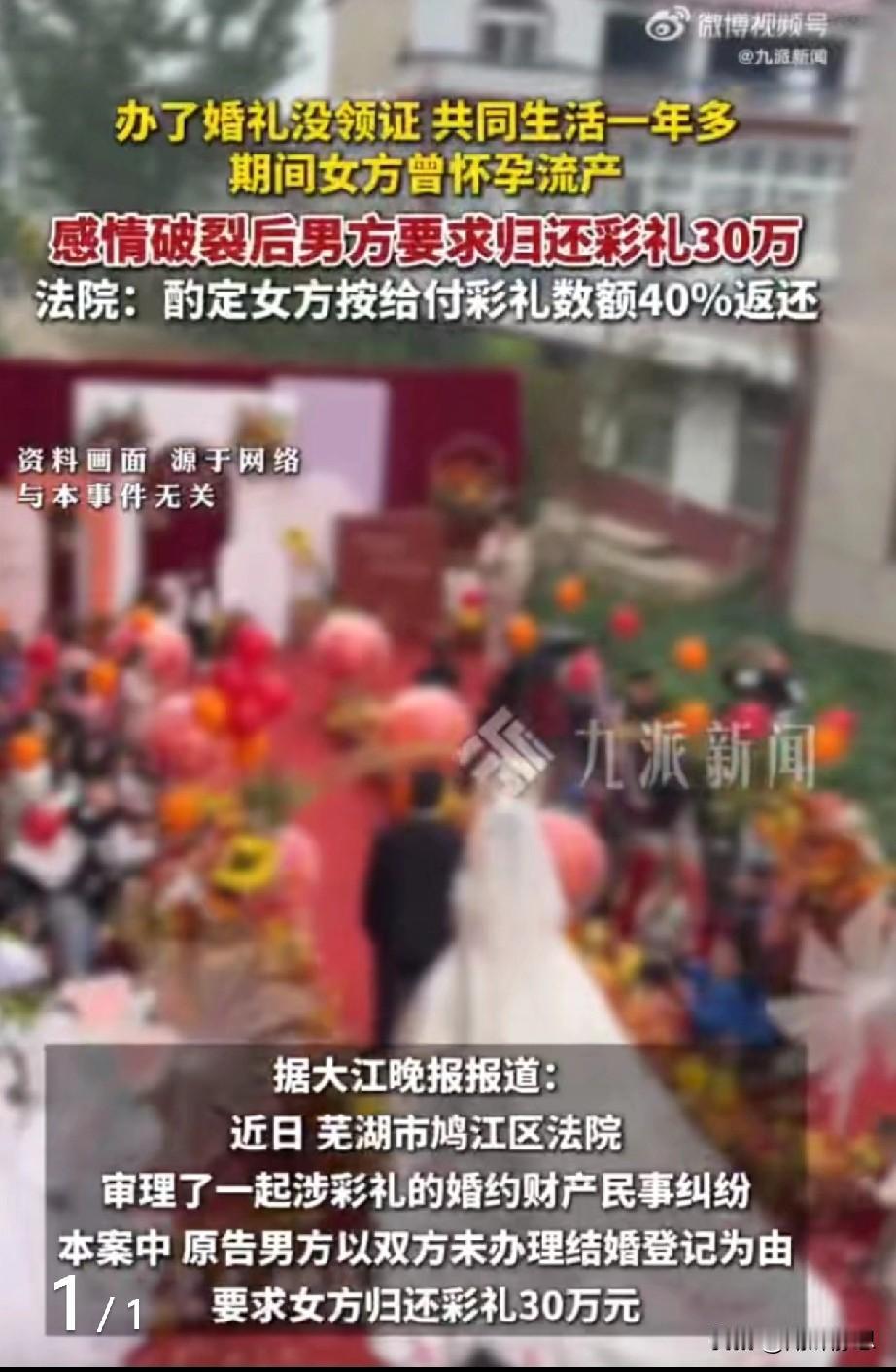 未领证同居1年，分手后男方诉还30万彩礼，期间女方曾怀孕流产，法院：酌定女方按4