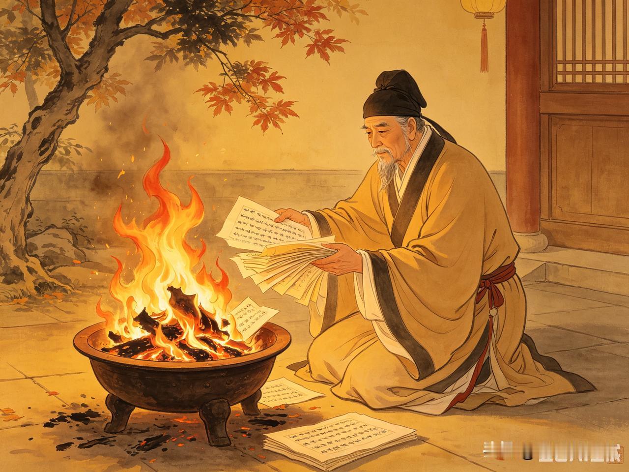 他命人搬出自己毕生所著的诗文稿，跪在地上，一沓一沓地投入火中。火光映照着他苍老的