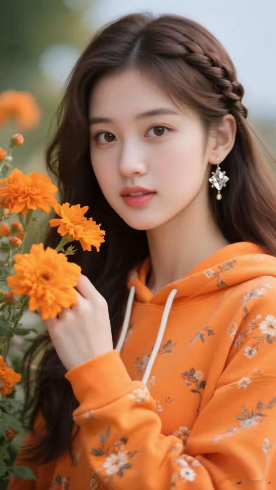 春日暖阳下，橙色花海中的少女，温柔如梦。🌸💐🌼