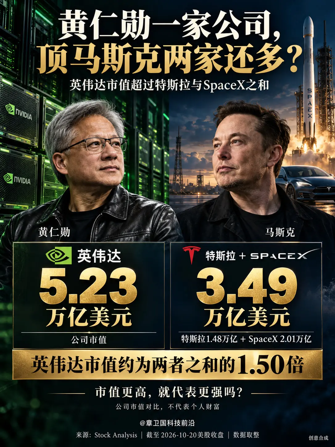 黄仁勋一家公司，顶马斯克两家还多？英伟达市值约5.23万亿美元，超过特...