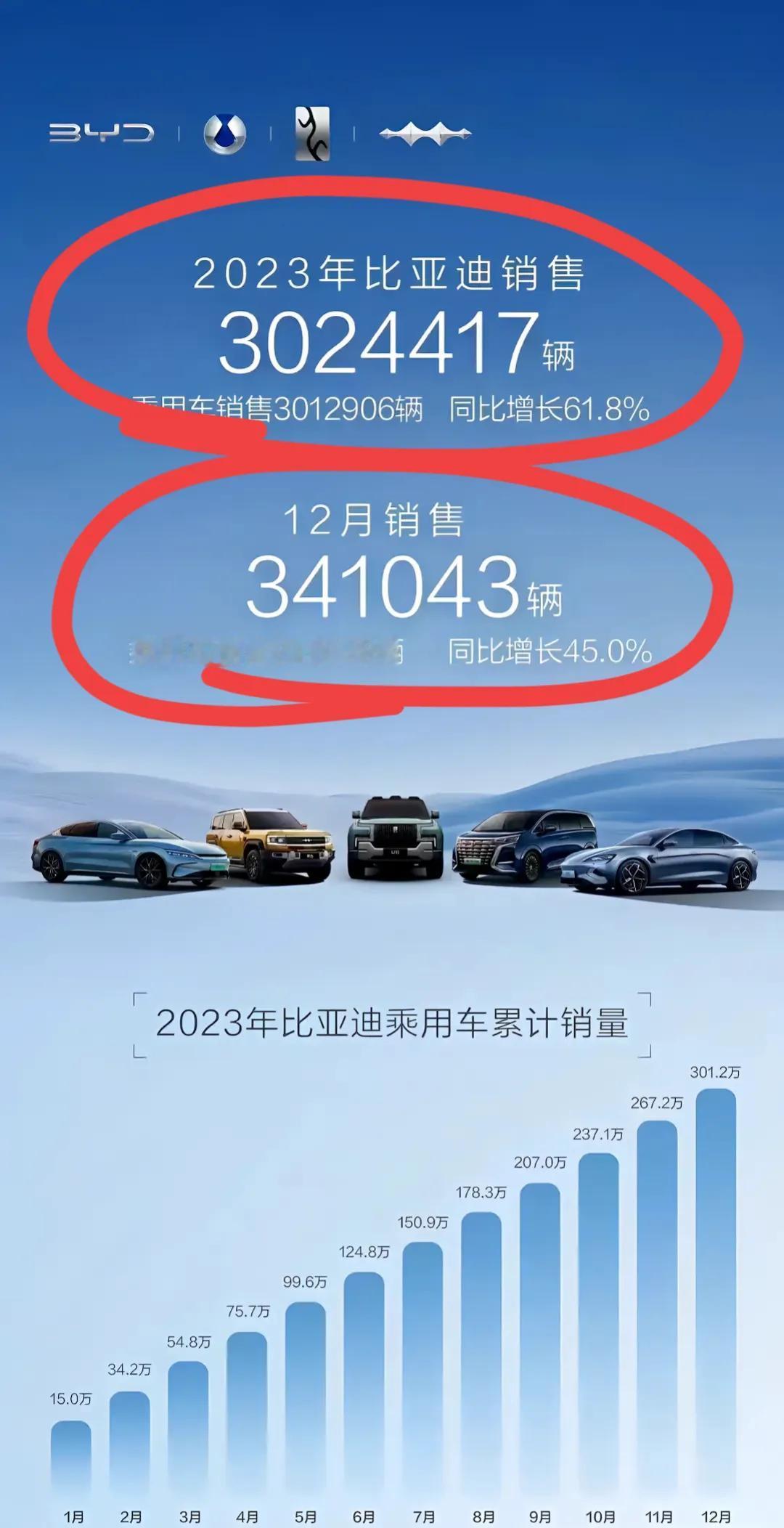 比亚迪完成全年保底300万辆的目标！！
超越大众，成为中国汽车市场的NO.1～
