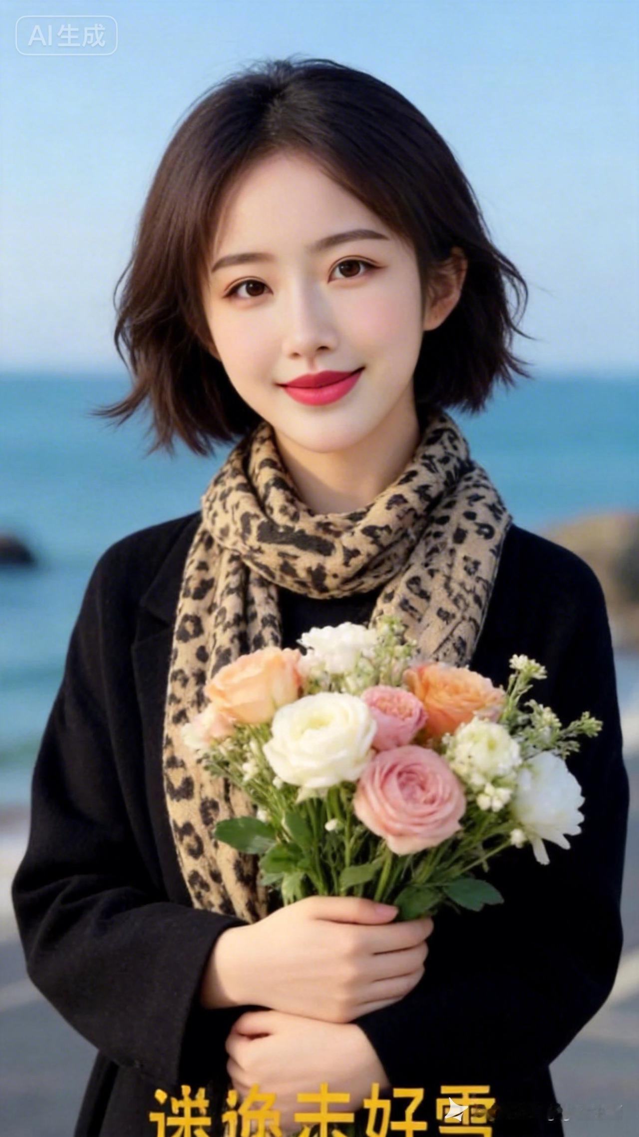海边漫步，手捧花束，少女心满满！🌸🌊