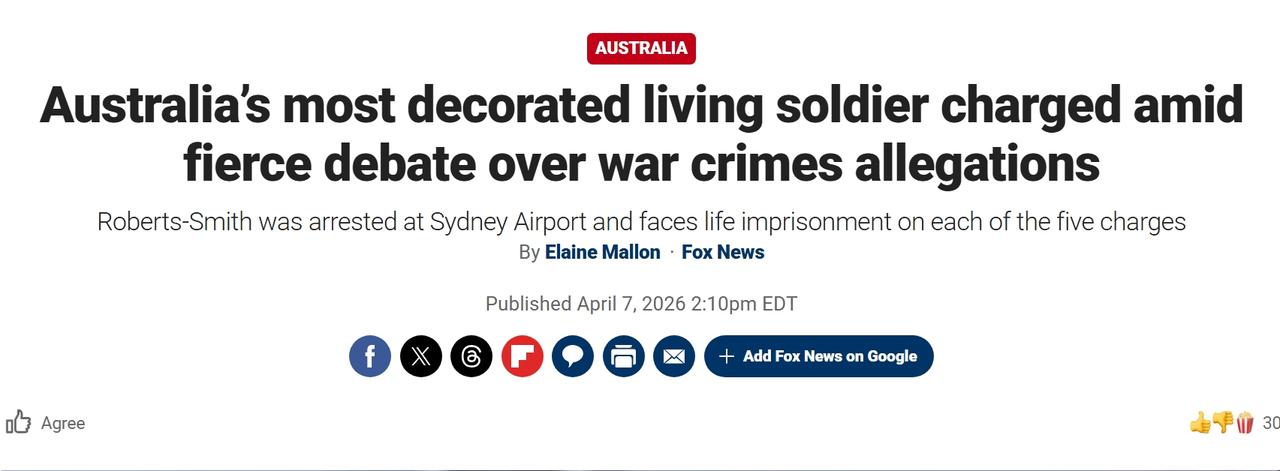 澳大利亚退役军人本·罗伯茨-史密斯被指控在阿富汗犯下五起战争罪谋杀，面临终身监禁