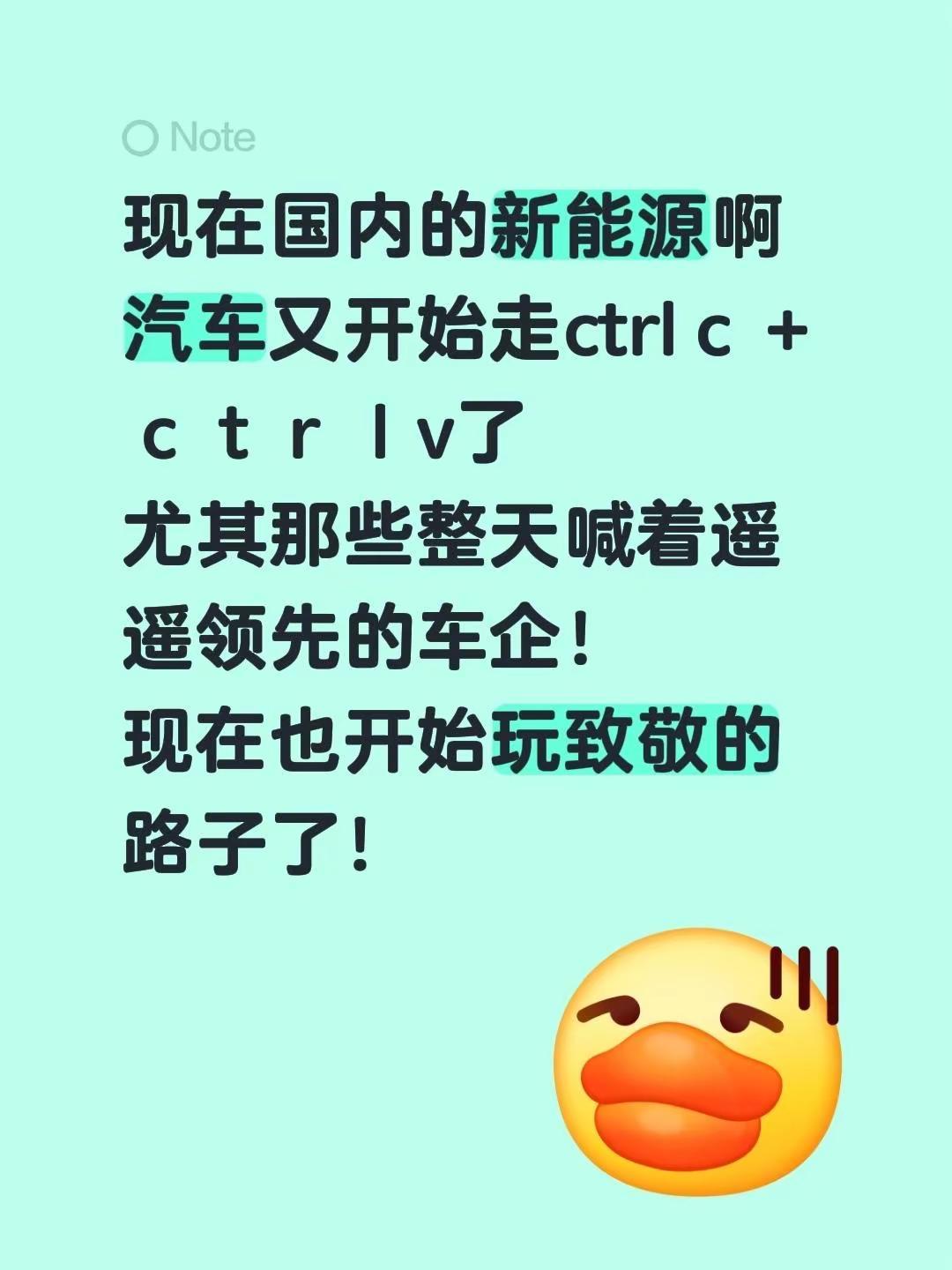 现在国内的新能源啊汽车又开始走ctrlｃ＋ｃｔｒｌv了尤其那些整天喊着遥遥领先的