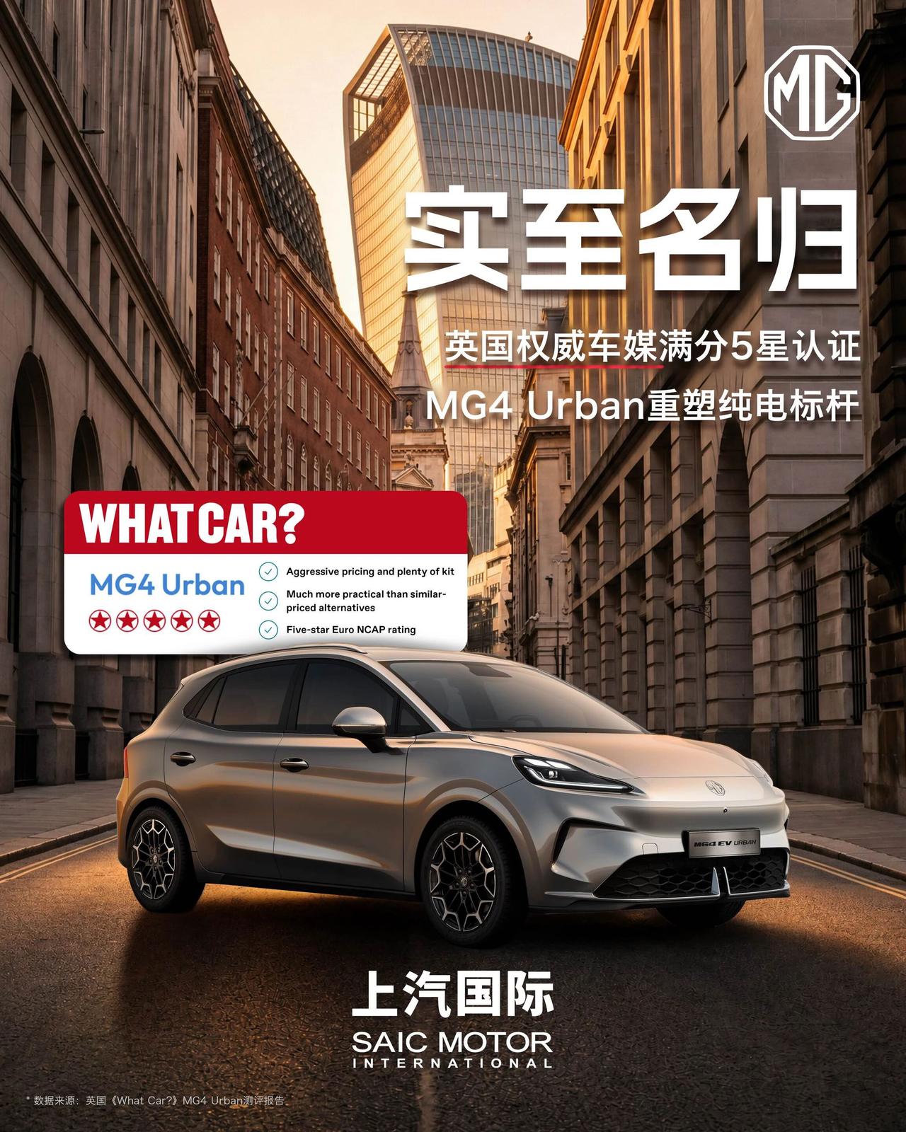 近日，上汽MG4 EV Urban凭借越级的综合实力，斩获得英国权威汽车媒体《W