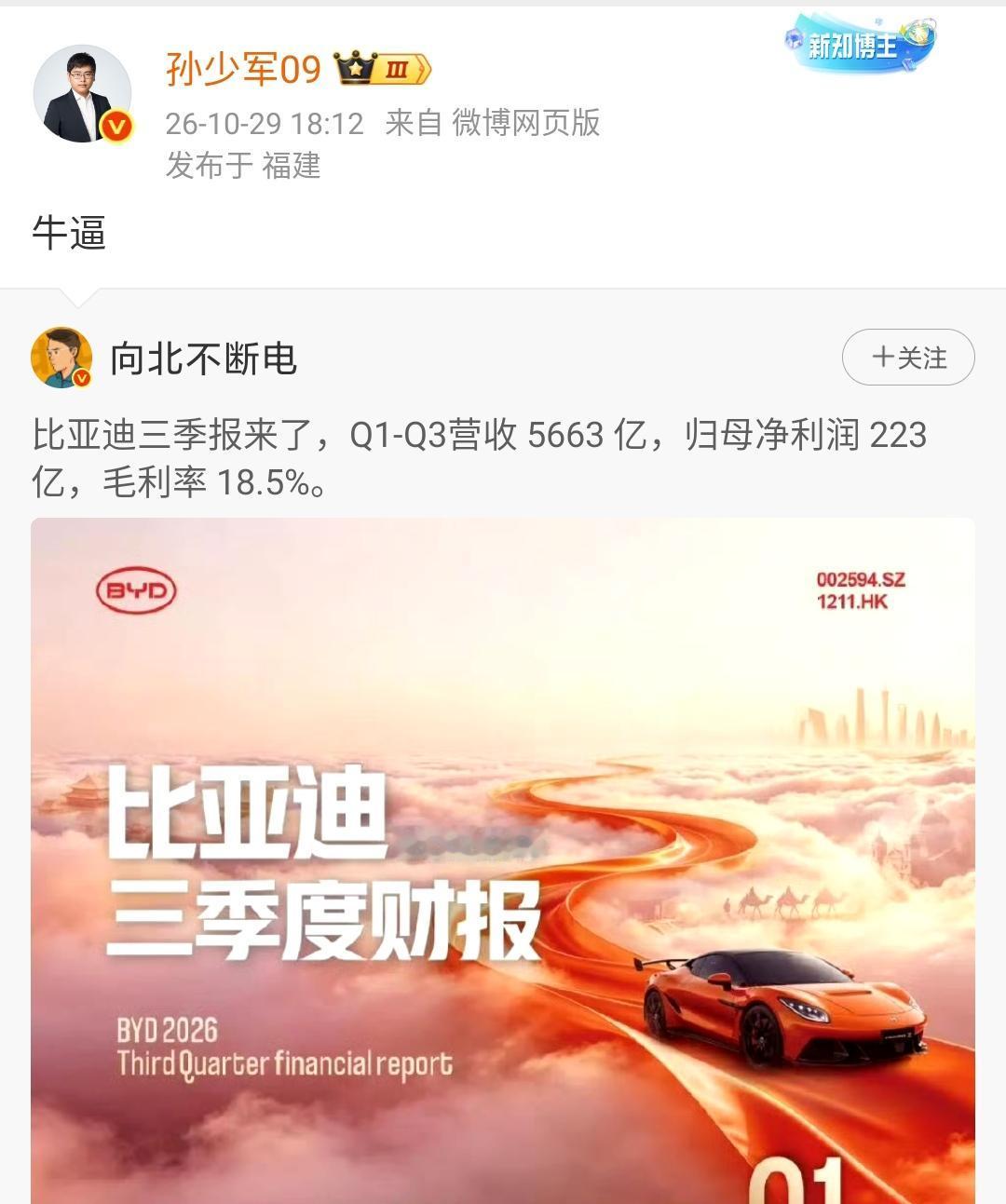 孙少军：牛X！比亚迪三季报来了，Q1-Q3营收 5663 亿，归母净利润 223