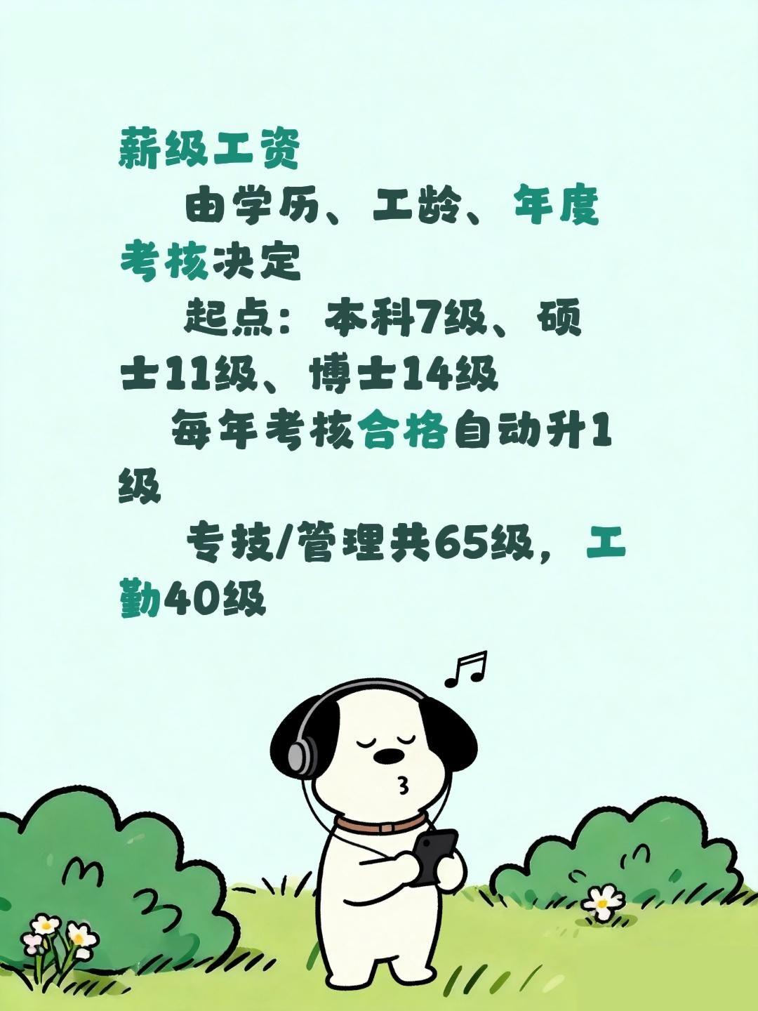 薪级工资
​ 由学历、工龄、年度考核决定
​ 起点：本科7级、硕士11级、博士1