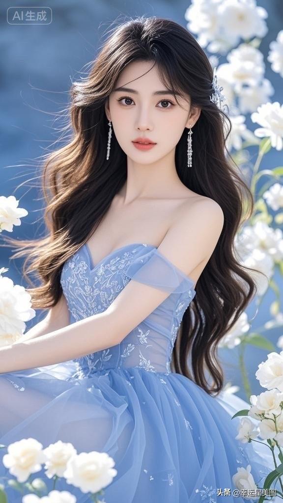 她穿着蓝色裙子，站在花田里。