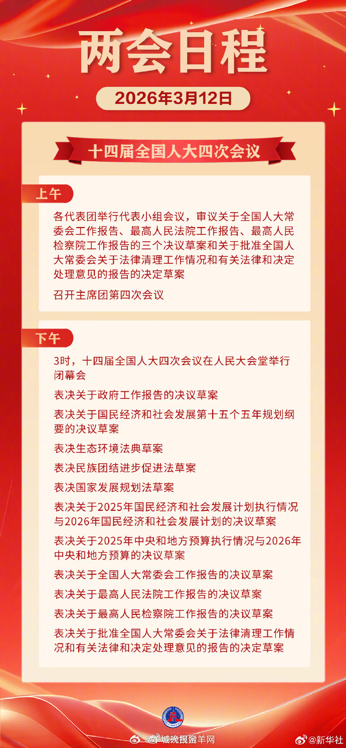 #2026看两会#【关注！#2026全国两会日程预告#】上午，十四届全国人大四次