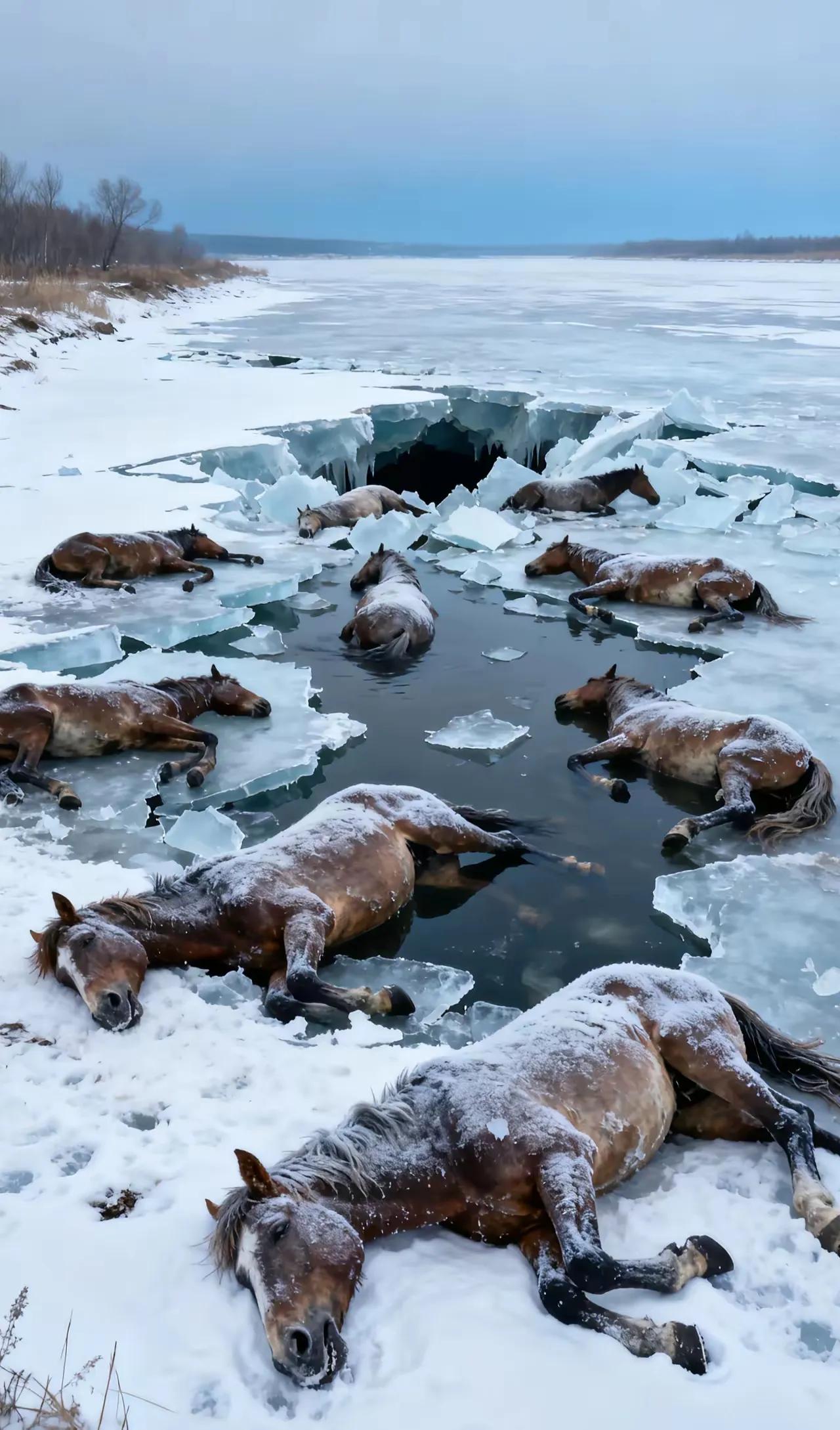 零下二三十度的黑龙江，13匹马冻在冰里的画面，看得人心里发紧！
 
东风水库的冰
