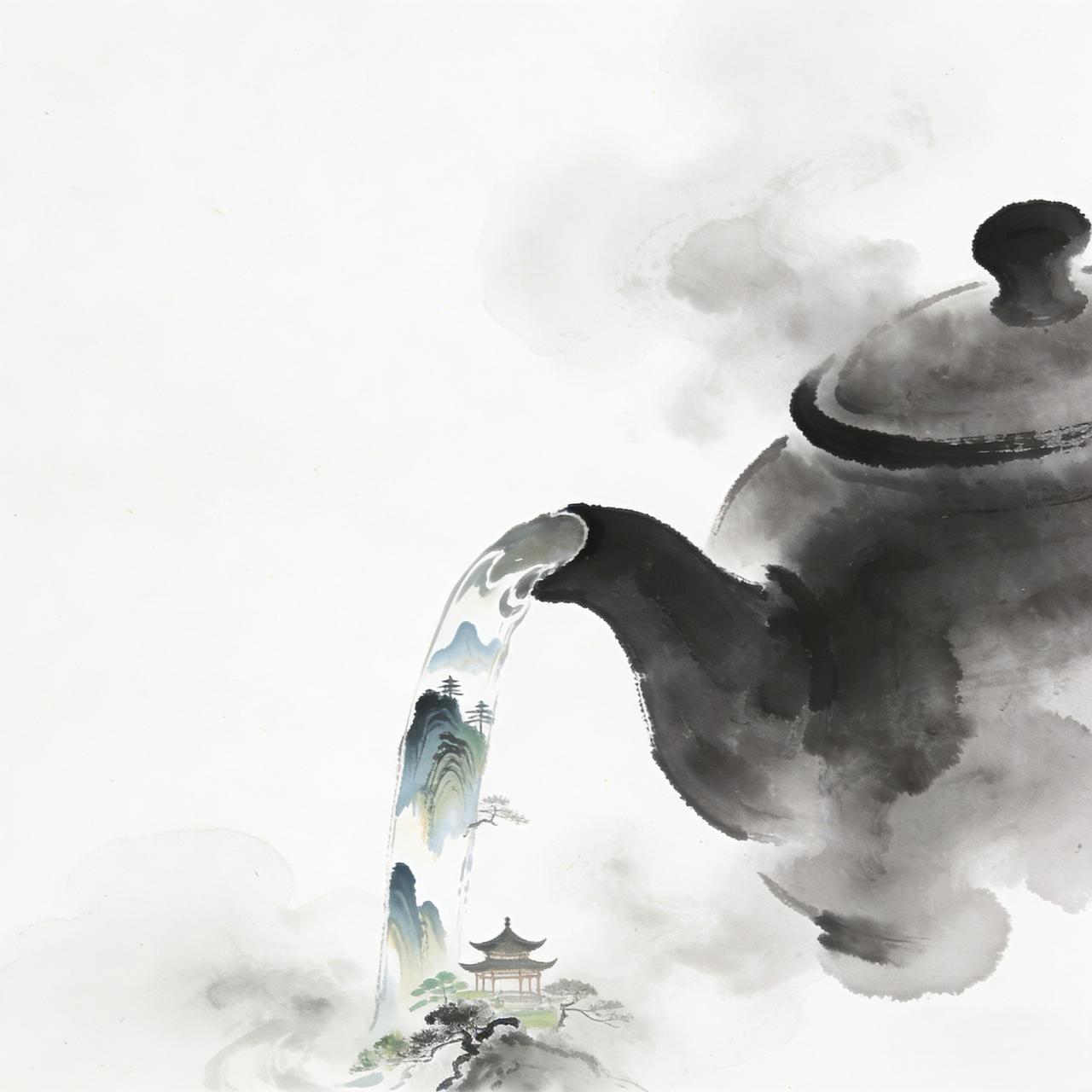 上联：执笔画丹青
下联：烹茶煮山海
“烹茶”对“执笔”，雅事相映；“煮山海”以夸