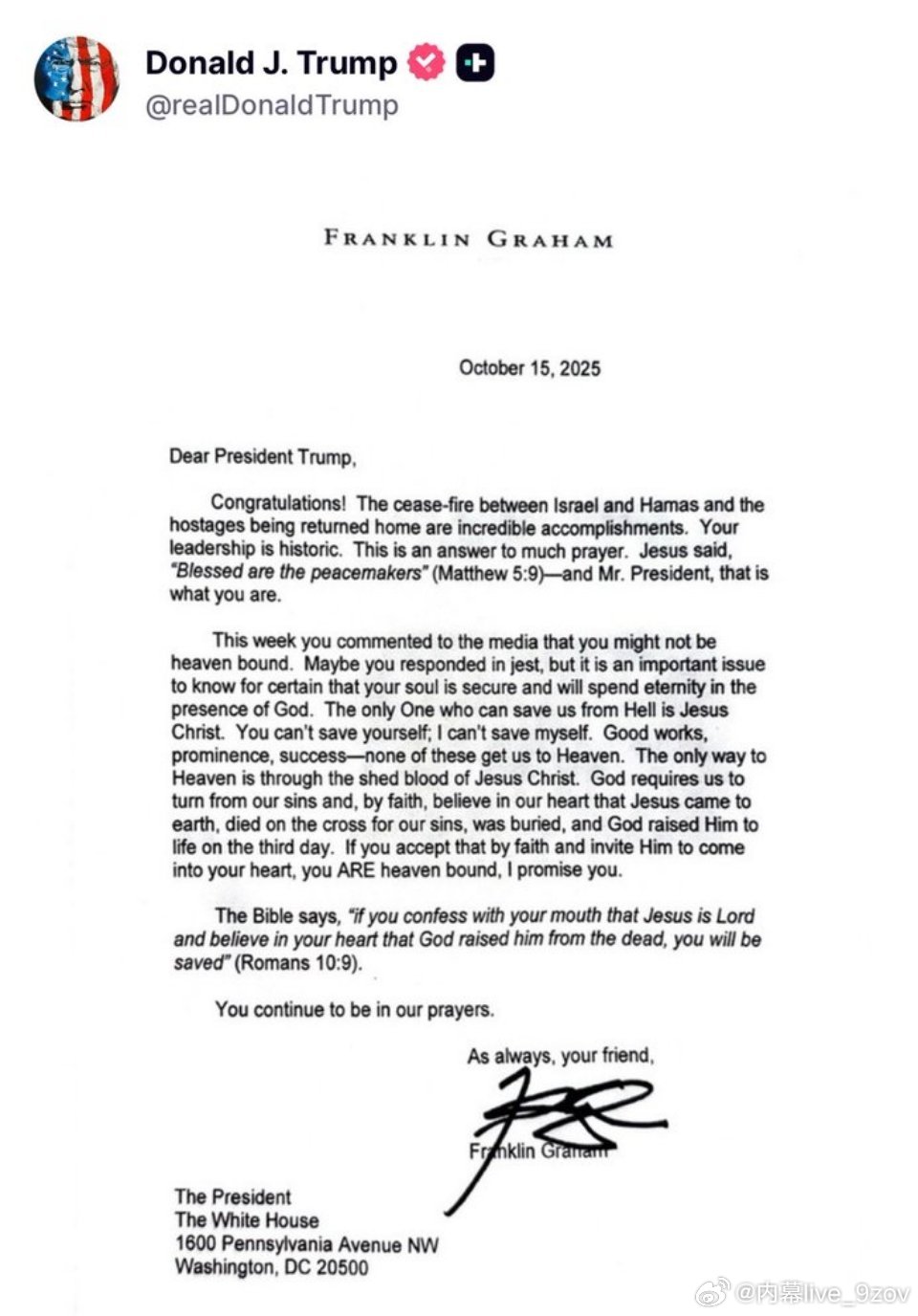 特朗普分享了一封基督教福音派牧师的来信，信中牧师向他保证他可以“上天堂”。 