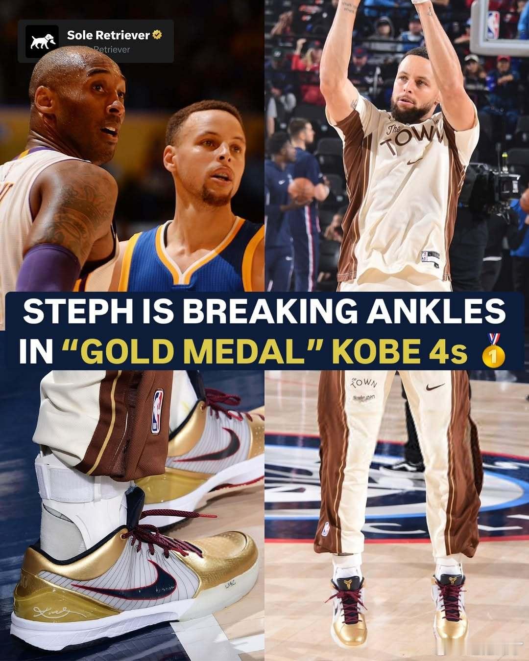 今天库里穿的金色科四，很球衣很搭，蜗壳的鞋真帅啊！库里上脚科比球鞋