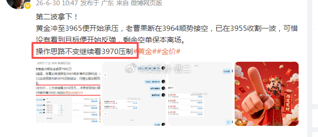黄金 第三波拿下！依托压力老曹在3968做空，已在3960收割出局，恭喜跟上的朋