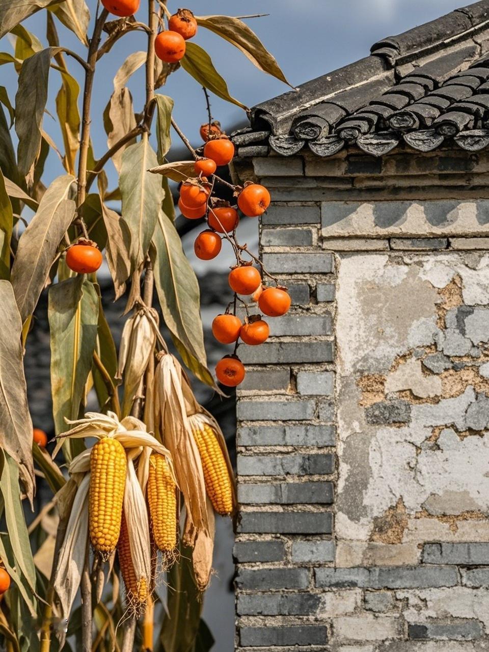 秋日生活打卡季 青砖瓦房旁，玉米柿子共绘丰收景