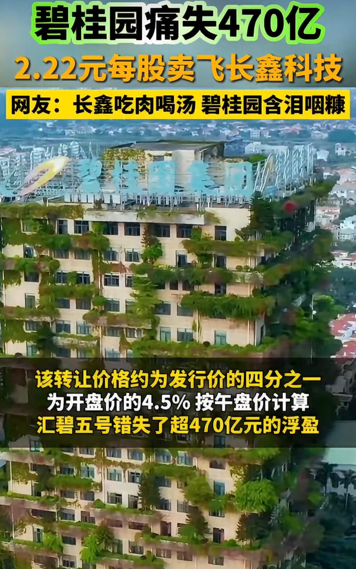 长鑫上市碧桂园痛失470亿阿里持仓浮盈1600亿，碧桂园提前转让痛失470亿，这