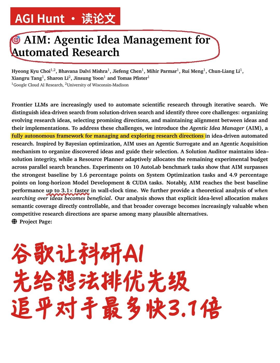 谷歌科研AI给想法排序追平对手快3.1倍
用 LLM agent 自动做科研，跑