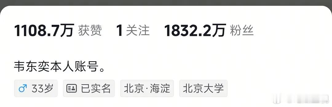 韦东奕都快2000w粉丝了。。。这才一天吧？一个冷知识：他才33岁 ​​​