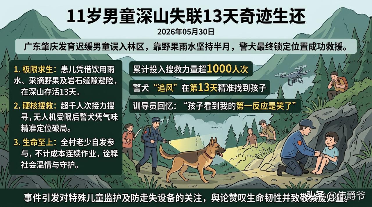11岁男童深山走失13天靠野果存活！
广东肇庆一名11岁男童在深山走失13天后于